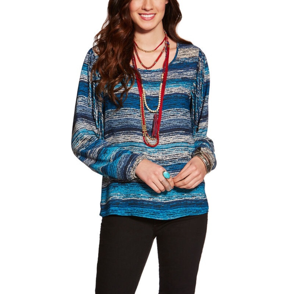 ⭐️ NWT Ariat Etta Top M Blue Striped Fringe